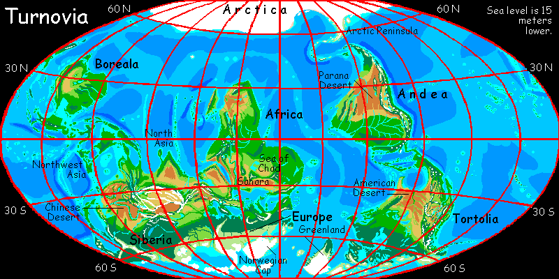 Map of Turnovia, the world turned upside down, with currents, winds and climate zones reversed. Green Sahara, dry Amazon...