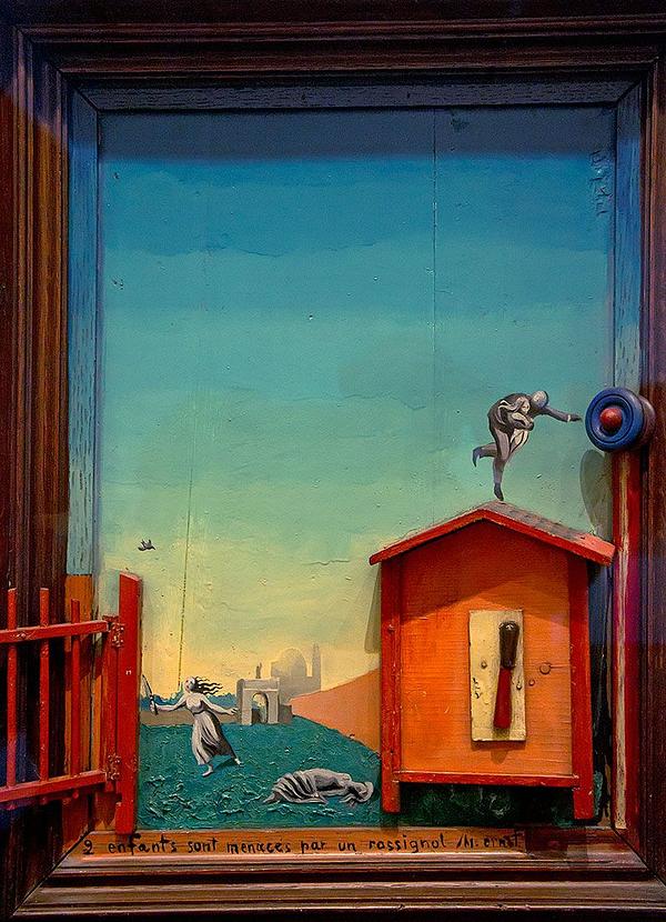 Two Children Menaced by a Nightingale. Dream assemblage by Max Ernst, 1924. Click to enlarge.