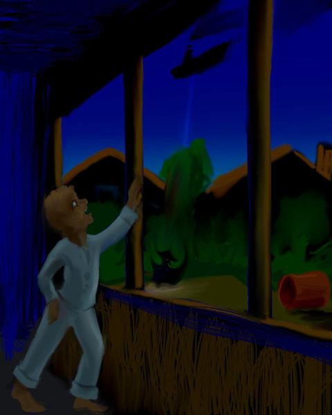 UFO sends beam into our backyard; sketch of childhood dream by Wayan.