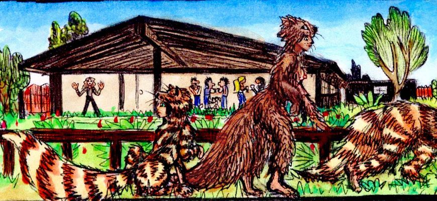Furry family leaves suburban backyard. Dream sketch by Wayan.