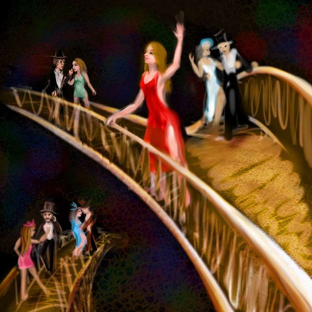 Women in gowns, men in tuxes on grand staircases. Sketch of a dream by Wayan. Click to enlarge.