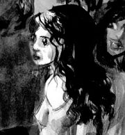 Ink sketch by Wayan of a sad woman with shadowy figures behind her: illustration to Roswila's dream-poem 'A Gothic Tale.'