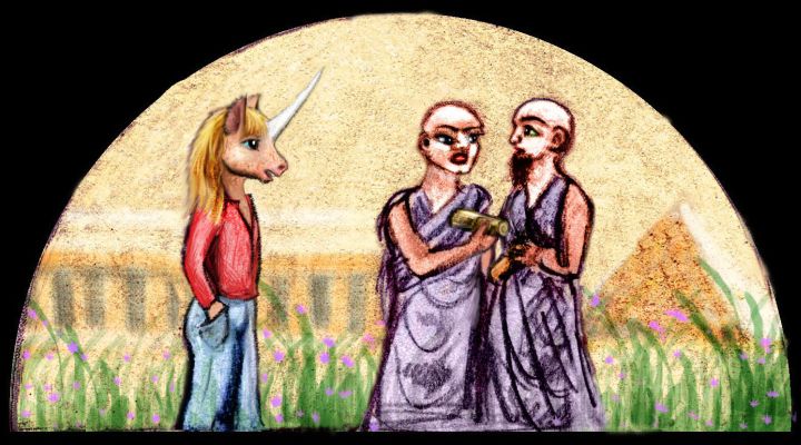 With my unicorn mask of ignorability, I eavesdrop on two whispering Egyptian priests. Sketch of a dream by Wayan. Click to enlarge.