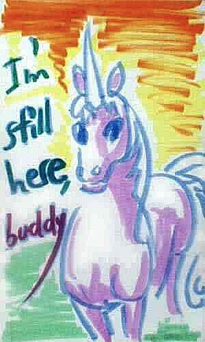 White unicorn looking you in the eye, saying 'I'm still here, buddy!'
