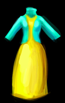 Yellow gown and turquoise vest; lurid outfit seen in a dream, by Wayan.
