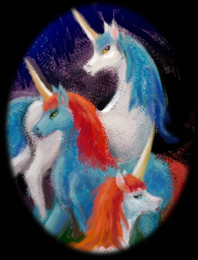 Heads of three unicorns; sketch of a dream by Wayan.