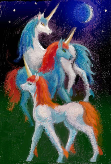 Three unicorns at night; sketch of a stained-glass window seen in a dream by Wayan. Click to enlarge.