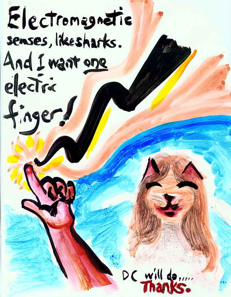Painting with words 'Electromagnetic senses, like sharks. And I want ONE electric finger! DC will do... thanks.'