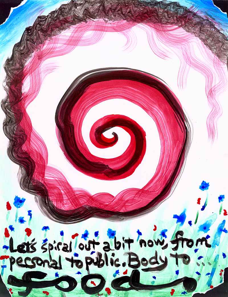 Abstract painting of a red, wavy spiral. Words:  'Let's spiral out a bit now, from personal to public. Body to... FOOD.'