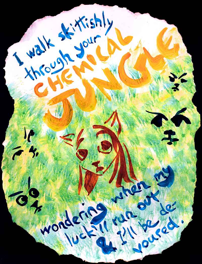 Brushwork sketch of a girl with muzzle and pointed ears in a jungle of frowning faces. Text: 'I walk skittishly through your chemical jungle,  wondering when my luck'll run out & I'll be devoured.'