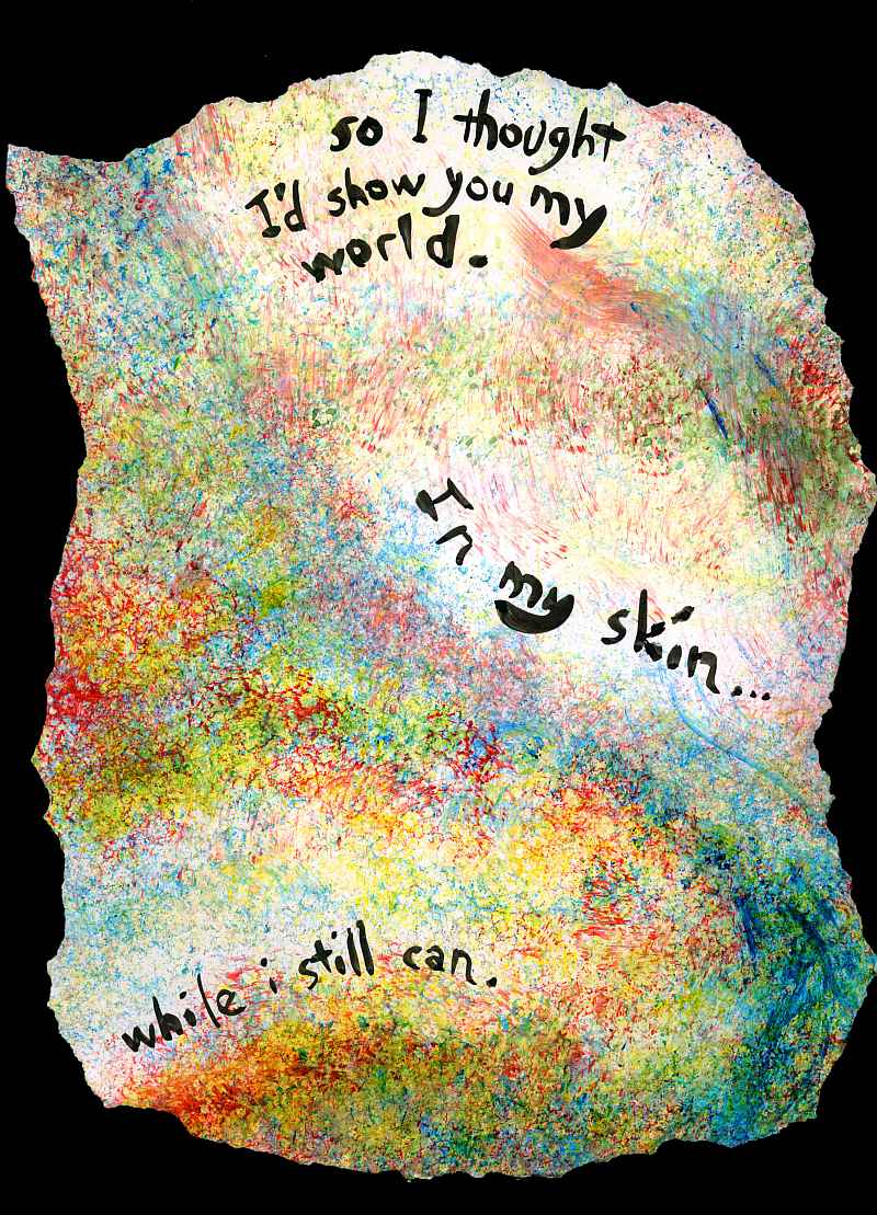 Many-colored speckles and smears. Text: '... so I thought I'd show you my world. In my skin... while I still can.'