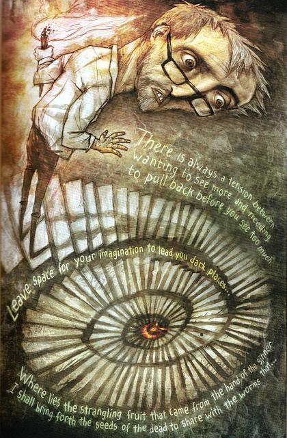 'There Lies the Strangling Fruit' painted by Ivica Stevanovic: frightened man  descends spiral stair. Click to enlarge.