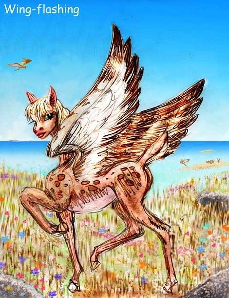 Winged antelope on a grassy island. Green eyes, pale horselike mane, reddish spots on shoulder and flank. Wings raised, signaling to friends on a nearby islet.