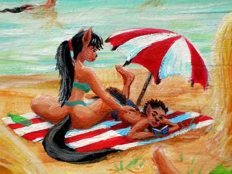 Acrylic painting of mom & son, both part wolf, on beach with blanket and parasol; Colette Crater, west Ishtar, on Venus, after terraforming. Click to enlarge.