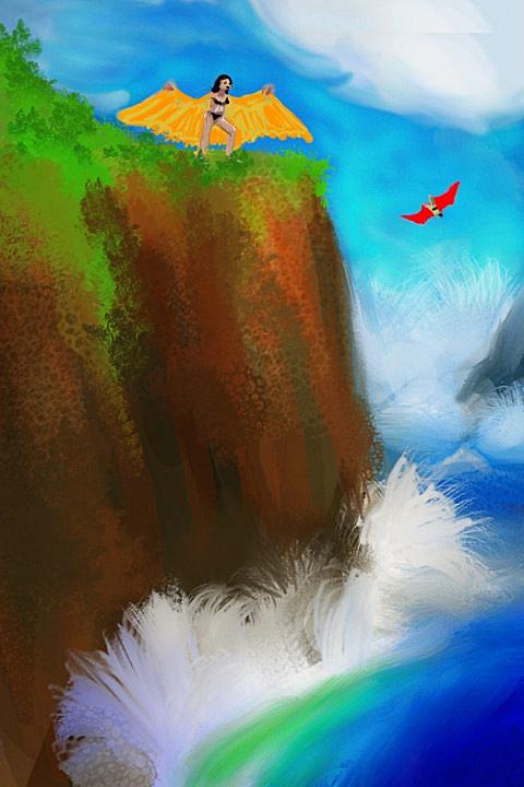Paint-sketch of human in strap-on wings atop a sea-cliff.