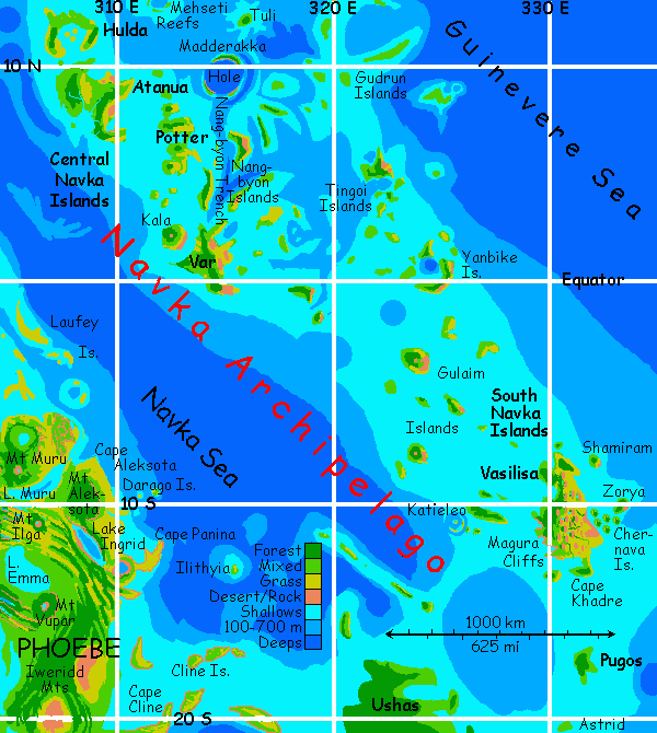 Map of central Navka Archipelago on Venus after terraforming