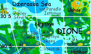 Map of western Dione (Nephthys, parts of Hathor and Ushas) on Venus, after terraforming.