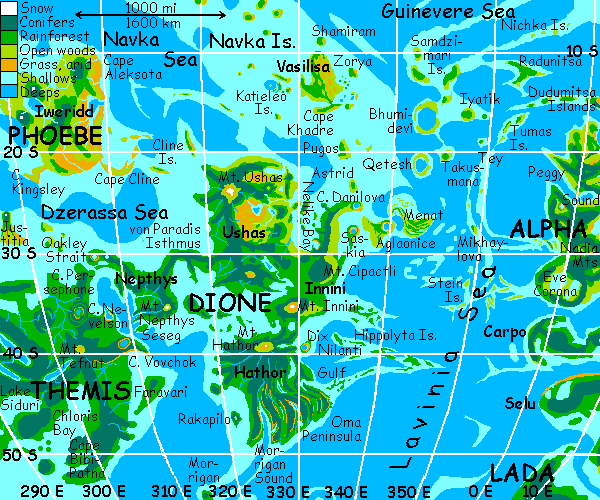 Map of Dione, Lavinia Sea and southern Navka, on Venus, after terraforming.