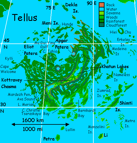 Map of Tellus, a minicontinent SE of Ishtar on Venus after terraforming.