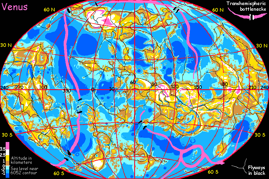 Map of terraformed Venus--flyways in black, transoceanic barriers pink.