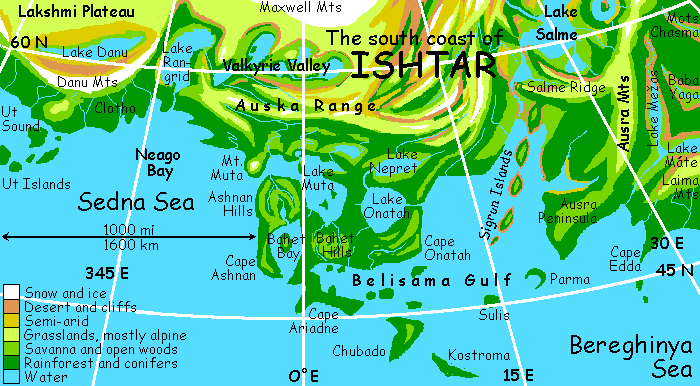 Map of southern Ishtar's islands and peninsulas, on terraformed Venus.