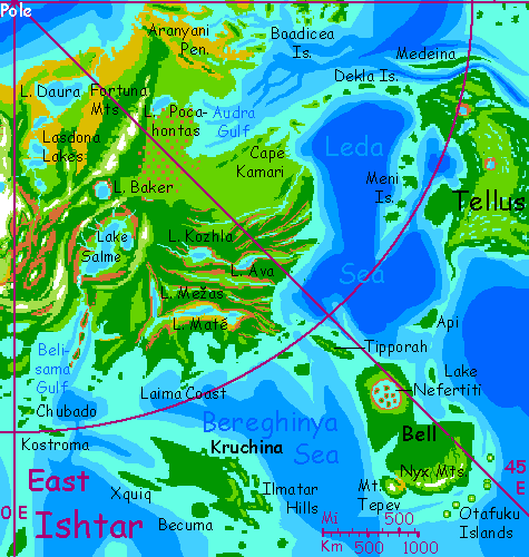 map of southeast Ishtar, Venus's northernmost continent, after terraforming.
