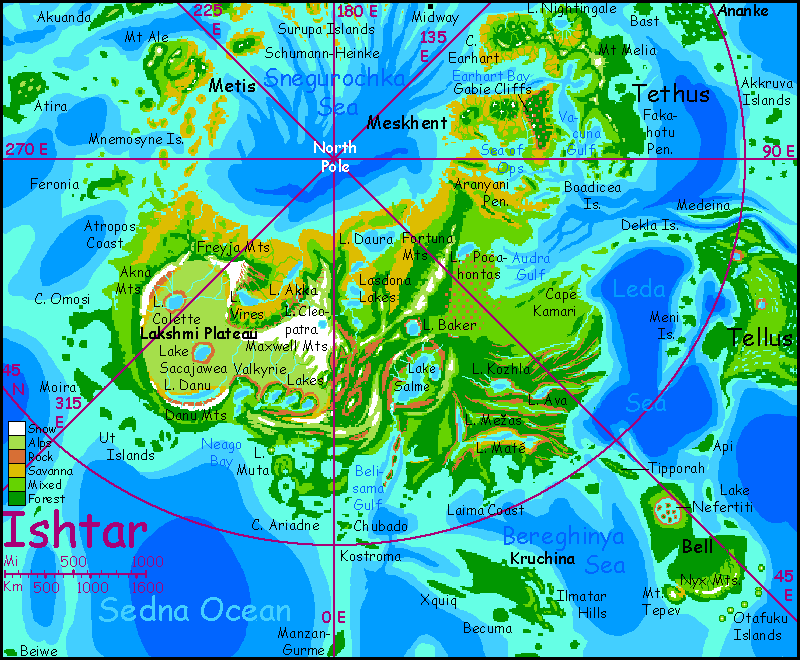 map of Ishtar, Venus's northernmost continent, after terraforming
