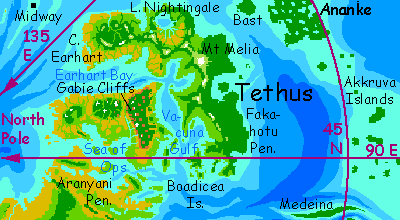 map of Eastern Ishtar and the huge isles of Tethus and Meskhent, on Venus after terraforming
