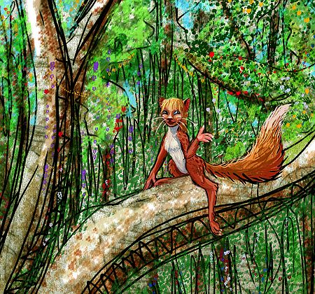 Tree-cat tourist in Chubado Rainforest, southern Ishtar, on Venus after terraforming. Click to enlarge.