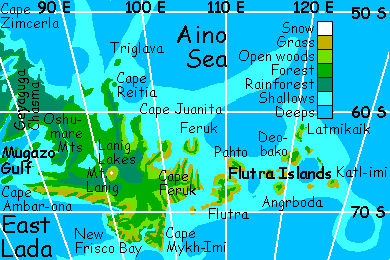 Map of far eastern Lada and the Flutra Islands, on terraformed Venus.