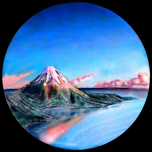 A Fuji-like peak reflected in the sea at sunset: Mt Neringa, off western Lada, on Venus after terraforming