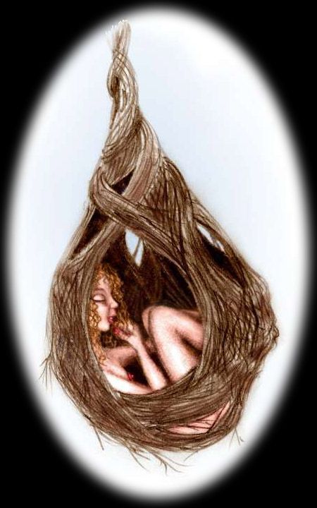 Pencil sketch of a woman curled up in an oval nest of twigs hanging from a tree. Click to enlarge.