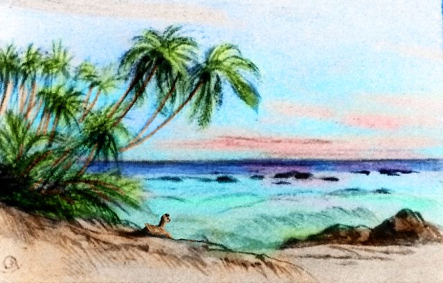 Palms over a small beach, southeastern Phoebe, on Venus after terraforming