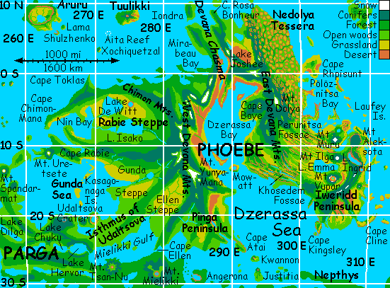 Map of the continent of Phoebe on Venus, after terraforming