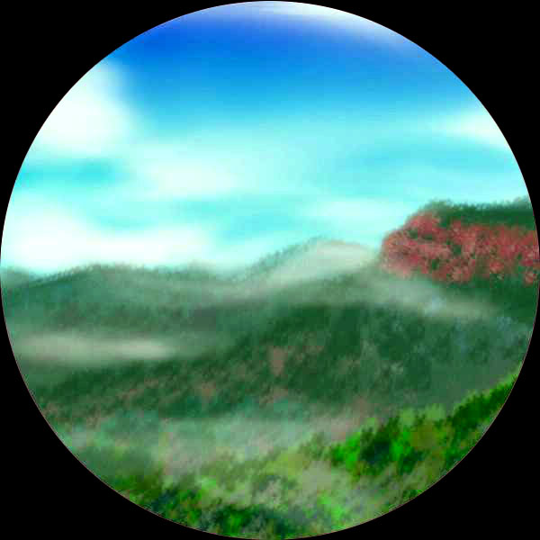 A circular painting of fertile hills that on Earth would be densely settled farmland; but on terraformed Venus, it's endless forest.