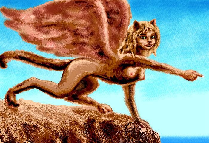 Winged sphinx pointing offscreen, perched a cliff-edge on the Sigrun Islands in south Ishtar, on Venus after terraforming.