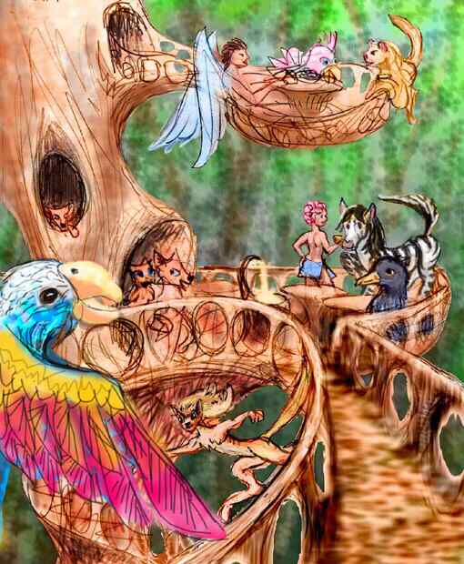 A tree-inn, a sentient tree with pod-rooms and rounded decks of living wood. Oh, and beer fountains, much appreciated by the guests: ocelots, angels, lemurs, prezebras, megaparrots and ravens. Click to enlarge.