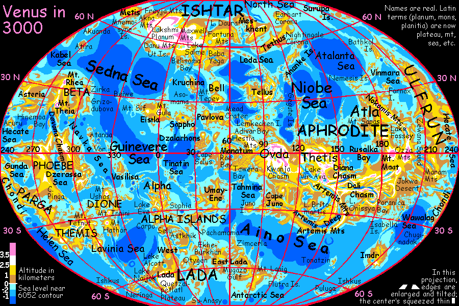 Map of terraformed Venus. Mountains are white, highlands gold, lowlands brown.