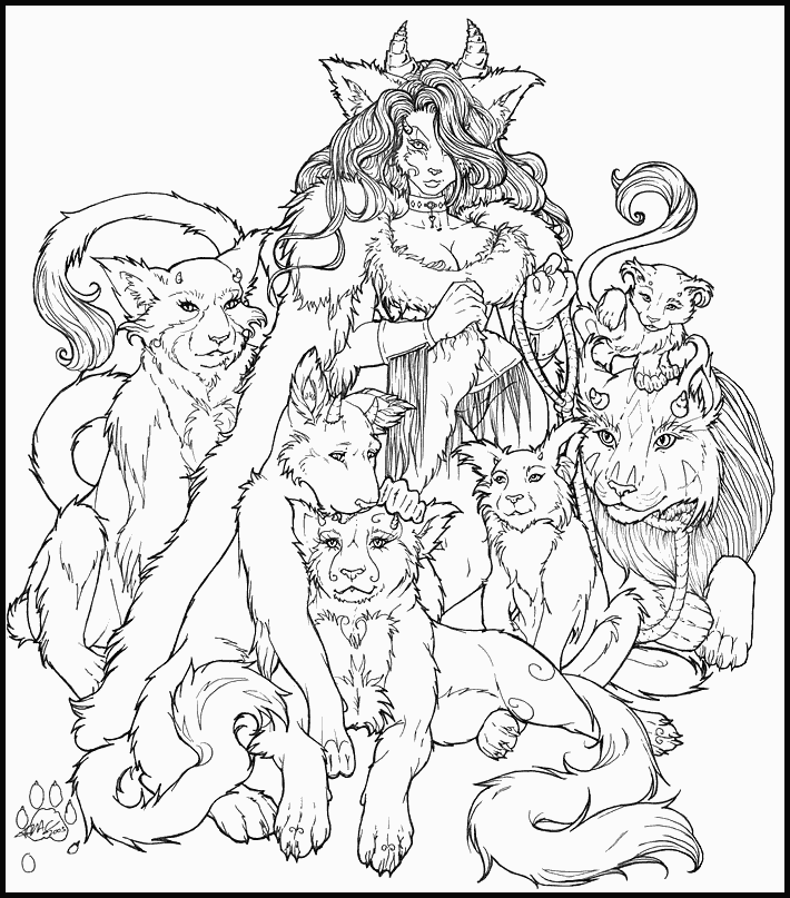 Line drawing by Crimson Sacrifice of her dream: Vera, her alter ego, a busty biped feline with horns, is surrounded by half a dozen horned cats, from kitten to lion-size, representing parts of her personality.
