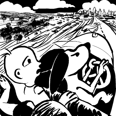 Snoopy drives a poisoned girl to a London hospital in a Rolls convertible; ink dream sketch by Wayan.