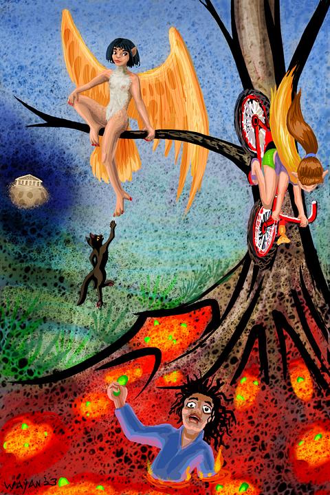 Bird-girls up a tree, over an erupting volcano-hall. Dream sketch by Wayan. Click to enlarge.