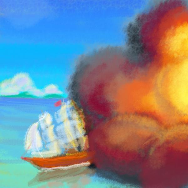 Firestorm swallows a ship of the line--sails and cannon. Dream sketch by Wayan. Click to enlarge.