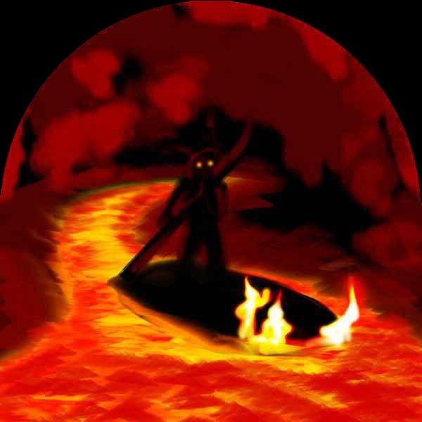 Dream: A black stone giant sails down a river of lava, with living flames as a crew.