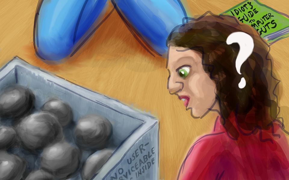 Computer lacks circuitboards; just dark gray eggs inside! Dream sketch by Wayan.