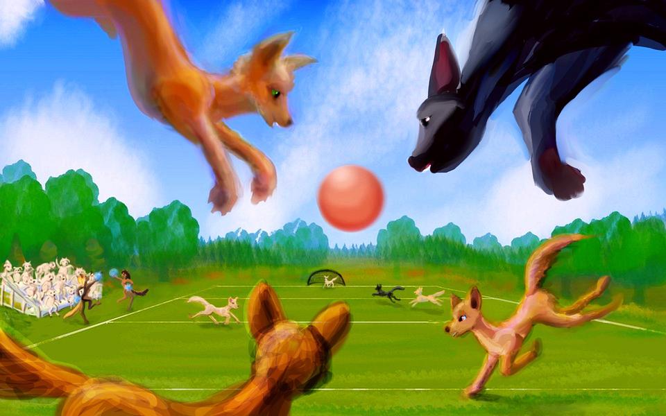 Sheepdog football; dog cheerleaders, sheep fans; digital dream sketch by Wayan. Click to enlarge.