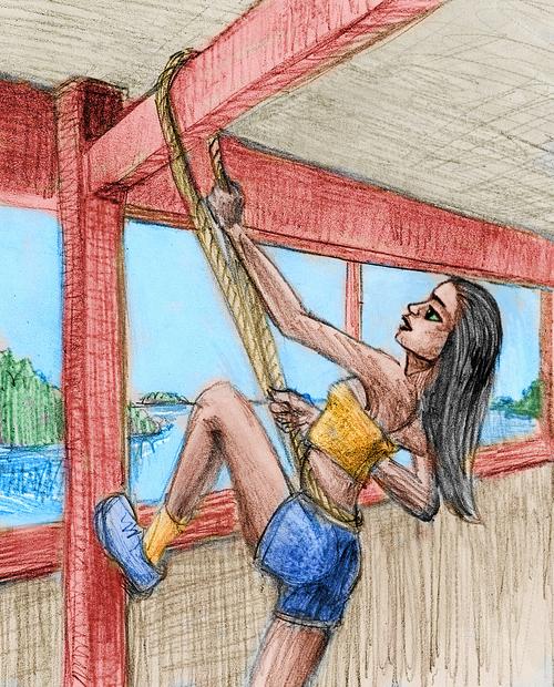 Girl with rope climbs a beam on a ferrryboat. Dream sketch by Wayan. Click to enlarge.