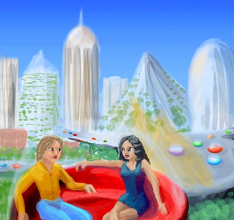 Woman (angel?) questions me in a futuristic bubble-car. Dream sketch by Wayan. Click to enlarge.