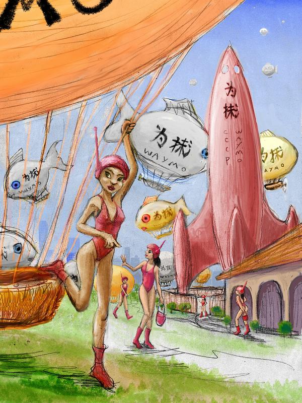 Huge Chinese balloons all over my town--with exhibitionist balloonists. Dream sketch by Wayan. Click to enlarge.