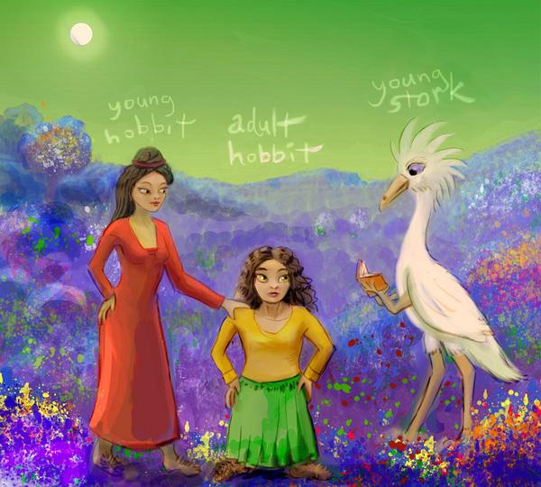 A willowy young Hobbit, a short adult one, and an adolescent Stork Person; sketch of a dream by Wayan. Click to enlarge.
