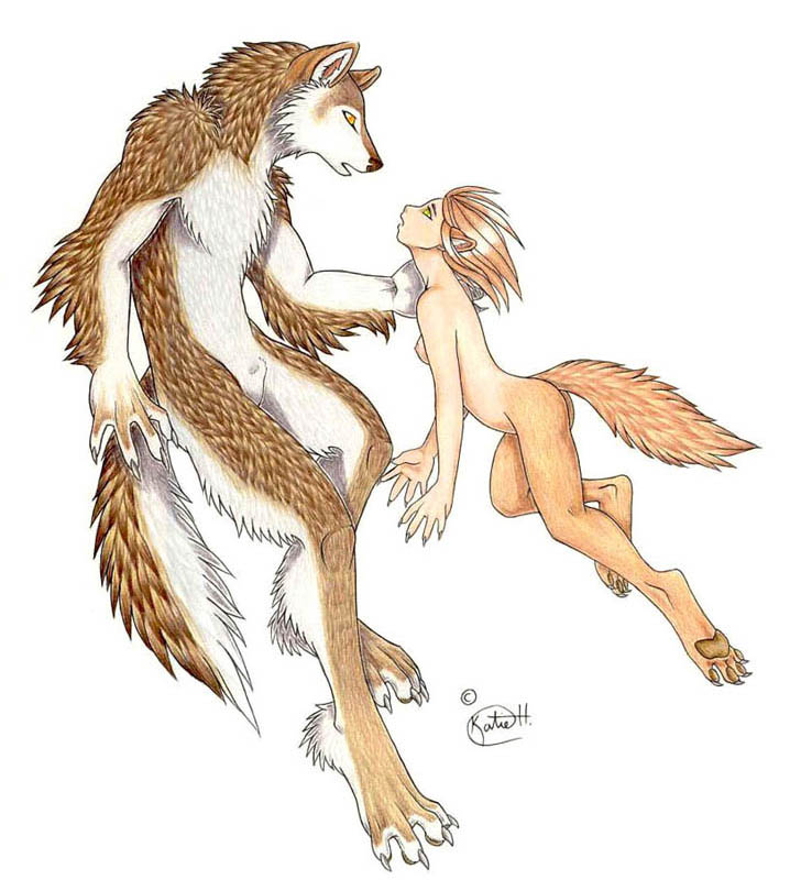 My dream self, a wolf nymph, human-skinned but with wolf eyes ears legs and tail, meeting my dream-lover, a huge, shaggy, brown and white wolf guy.